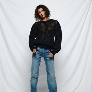 EUC Zara Women's Crochet Open Knit Collared Black Pullover M